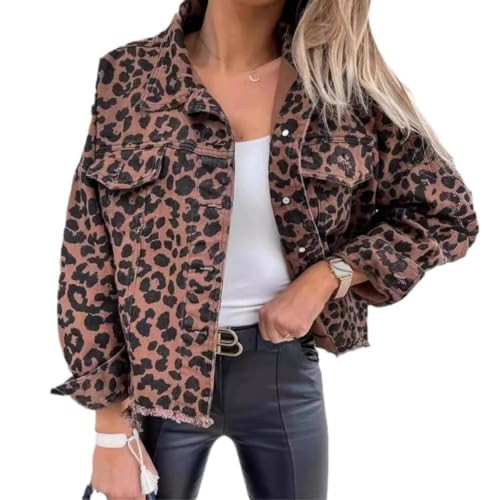 CNPOLOOK Womens Leopard Print Denim Jacket Brown Black Leopard Fashion Forward Bold Leopard Print Jacket Y2k Streetwear (Leopard,L,Large) | Amazon (US)