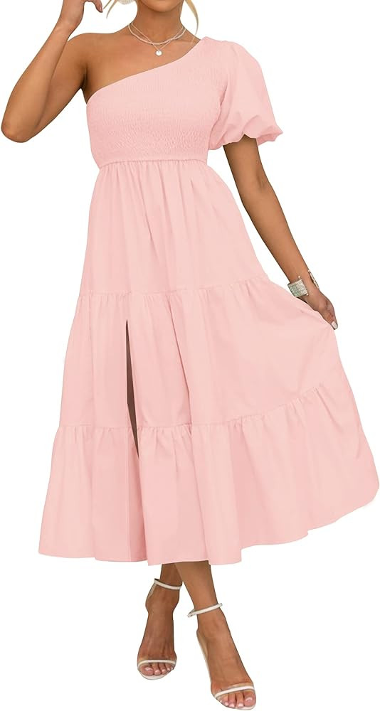 ZESICA Women's 2023 Boho Summer One Shoulder Short Sleeve Smocked Side Split Ruffle Swing Midi Dr... | Amazon (US)