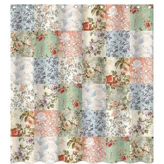 Boho Shower Curtain Floral Patchwork Bath Curtain with 12 Hooks Mid-Century Retro Decor 72 X 72 Inch Pink Microfiber | The Home Depot