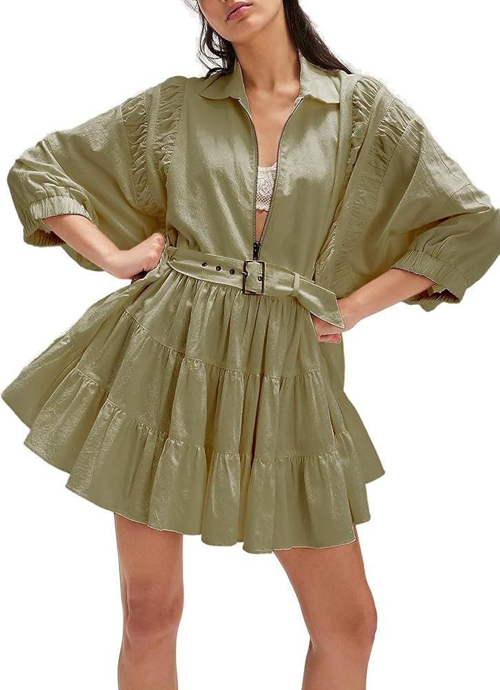 Womens Shirt Dress 3/4 Sleeve Ruffle Mini Dress Half Zipped V Neck Collared A Line Casual Dresses... | Amazon (US)
