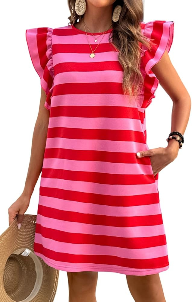 Ecosunny Women's Summer Casual Cap Sleeve Dress Round Neck Shift Dress Flowy Beach Trendy Dresses | Amazon (US)