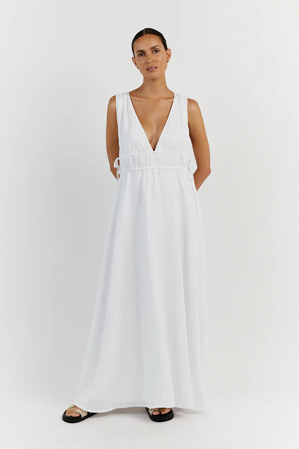 PIA WHITE LINEN LOW NECK MIDI DRESS | DISSH
