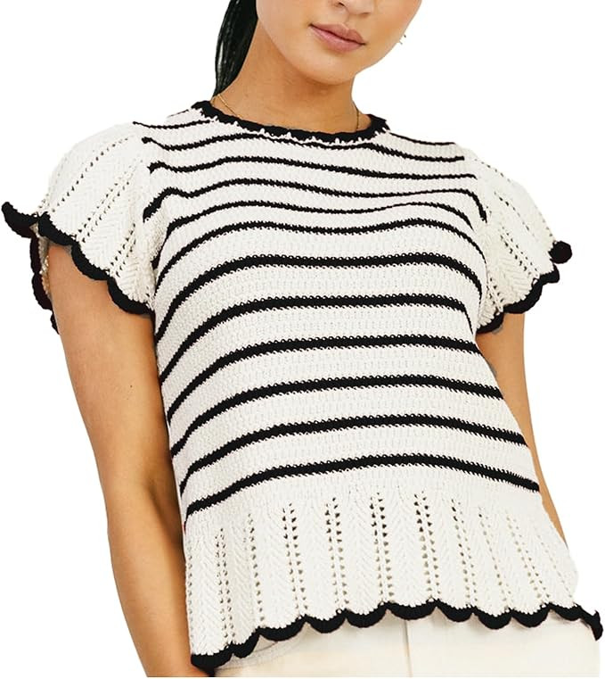 VAOYIU Women's Striped Breeze Crochet Top Cap Sleeve Ruffle Edges Knit Sweater Vest Casual Summer... | Amazon (US)