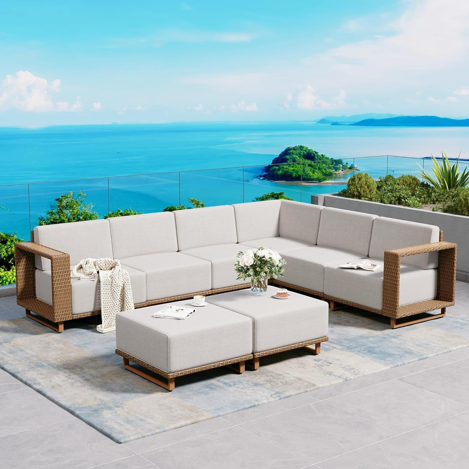 L Shaped Patio Furniture,Outdoor Rattan Wicker Sectional Sofa with 10''Ultra-Thick Cushions,All W... | Amazon (US)