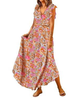 Dokotoo Women's Boho Dress Deep V Neck 2 Piece Skirt Sets Ruffle Cap Sleeve Tie Waist Wrap Chiffo... | Amazon (US)