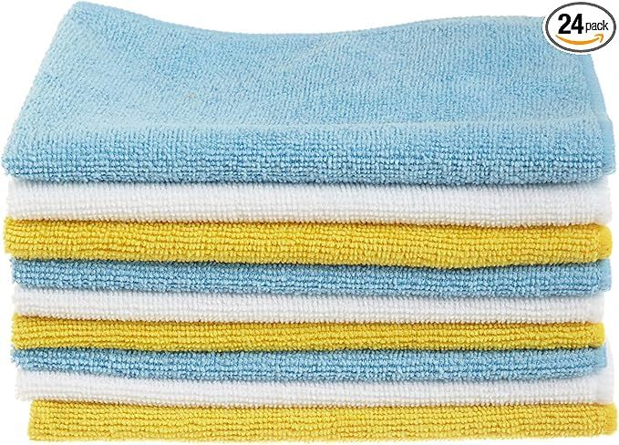 Amazon Basics Microfiber Cleaning Cloths, Non-Abrasive, Reusable and Washable, Pack of 24, Blue/W... | Amazon (US)