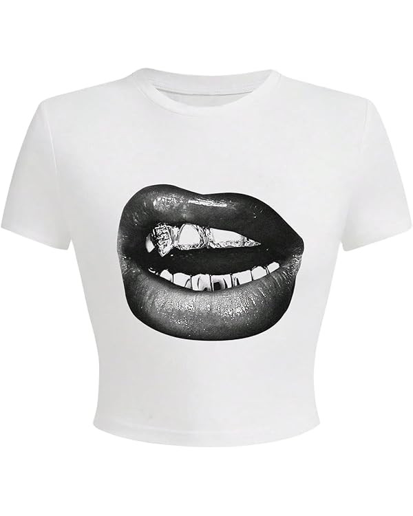 Women's Lip Print T Shirts Short Sleeve Crewneck Fitted Crop Tops Graphic Tee | Amazon (US)