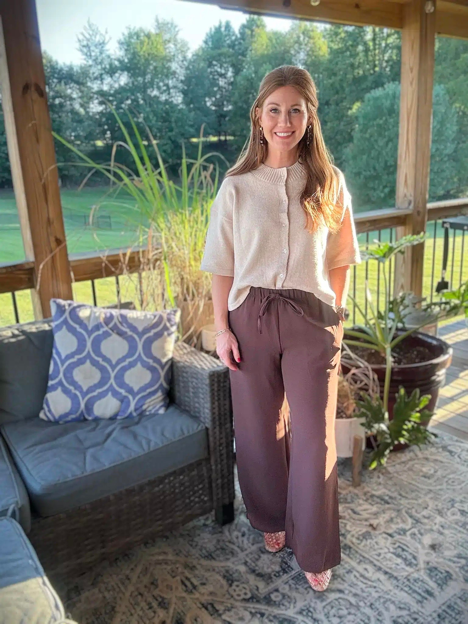 Chocolate brown is trending for Fall of course! These brown pants are a great option from Amazon. Stephanie has them paired with a short sleeve cardigan. She’s wearing a small in both pieces and a size 6 in flats.

#LTKOver40 #LTKPetite #LTKootd