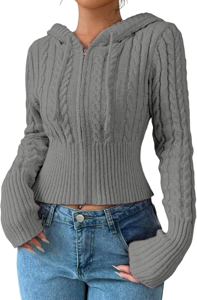 SOLY HUX Women's Crop Cardigan Sweater Cable Knit Zip Up Hoodies Long Sleeve Fall Jacket Y2k Oute... | Amazon (US)