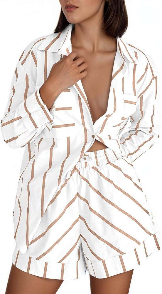 Tankaneo Womens Striped 2 Piece Outfits Button Down Shirts and Shorts Lounge Matching Sets | Amazon (US)