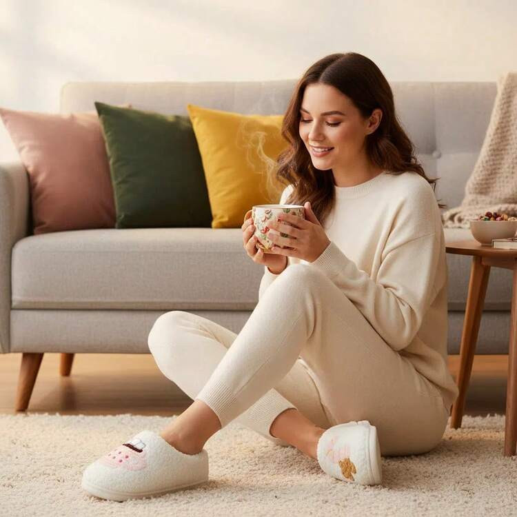 1 Pair White Cartoon Embroidered Holiday Christmas Gingerbread Man, Candy Cane, Cup Pattern Plush... | SHEIN