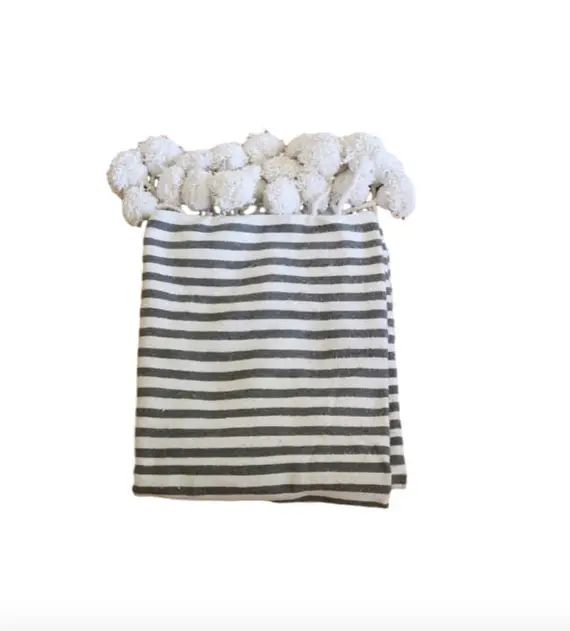 Large Pom Pom Cotton Striped Blanket | Etsy (US)