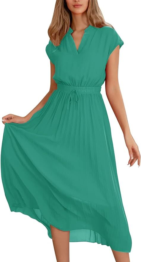 Paintcolors Women's Short Sleeve Pleated Long Maxi Dress V Neck Elastic Waist Ombre Solid Summer ... | Amazon (US)