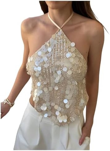MakeMeChic Women's Sequin Halter Tops Sparkly Backless Sexy Cute Summer Camisole Top | Amazon (US)