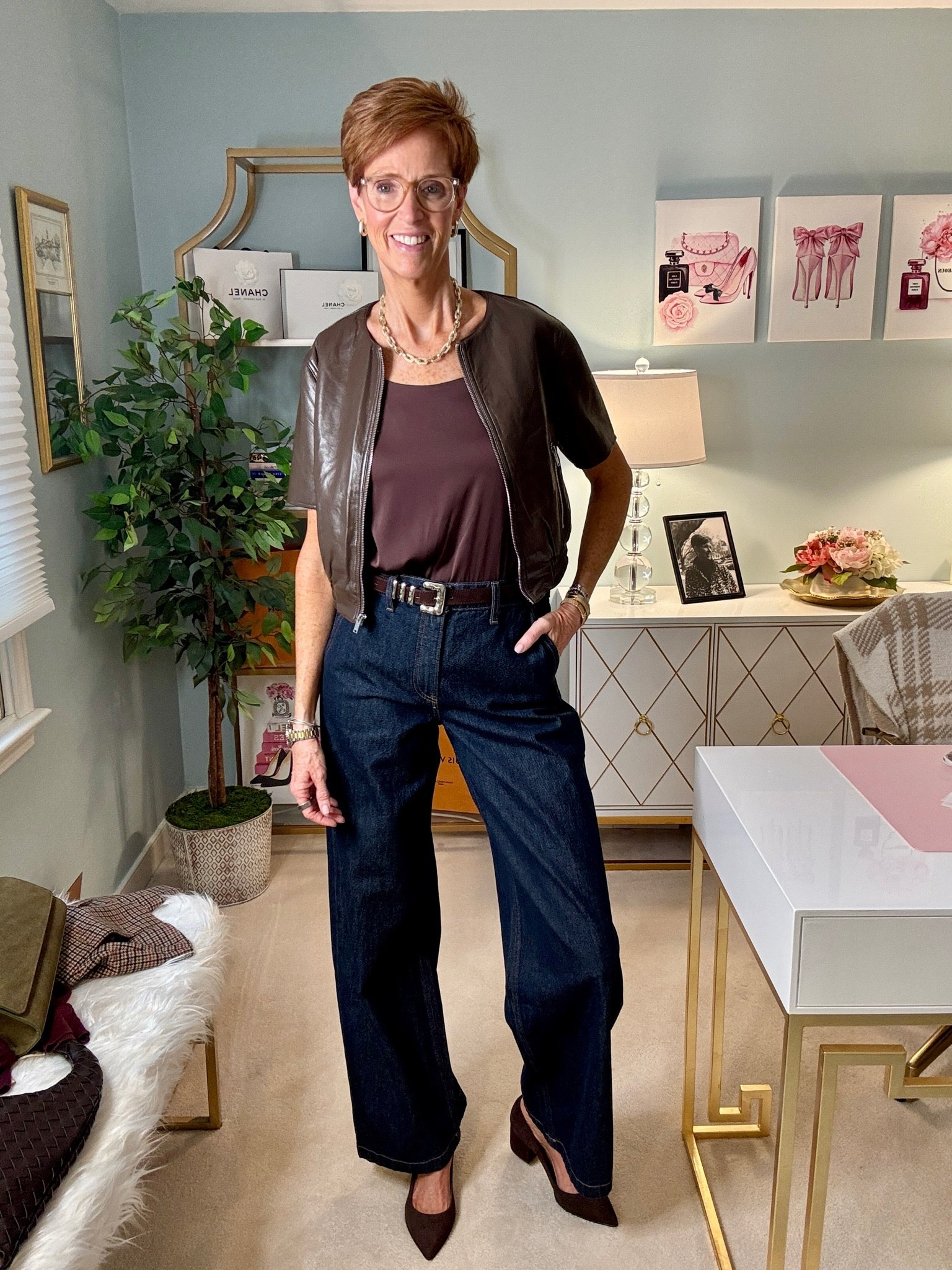 Yes, I’m wearing jeans for an evening out—and this is exactly how I make them feel dressed up.

Want the links? Like, Follow & Comment and I’ll send links right to your DM.

My version of evening style doesn't have to mean a dress or an outfit I'll only wear once. A dark wash trouser jean gives me the ease of denim, while a chocolate brown satin tank, short-sleeve leather jacket, suede pointed-toe heels and a mix of rich brown textures make the whole outfit feel polished.

At 56 and 6'1", I want timeless, classic style that works for my real life—and pieces I can wear more than one way. This is exactly the kind of elevated jeans outfit I reach for when I want to look put together for dinner, drinks or an evening out without feeling overdressed.

Would you wear jeans for an evening out—or are you still reaching for trousers or a dress? Tell me below.

And save this one for the next time you're standing in your closet thinking, “Can I really wear jeans?” Send it to the friend who's always looking for an easy dinner outfit, too.

#StyleOver40 #JeansOutfitIdeas #ClassicStyle

#LTKootd #LTKOver40 #LTKTall