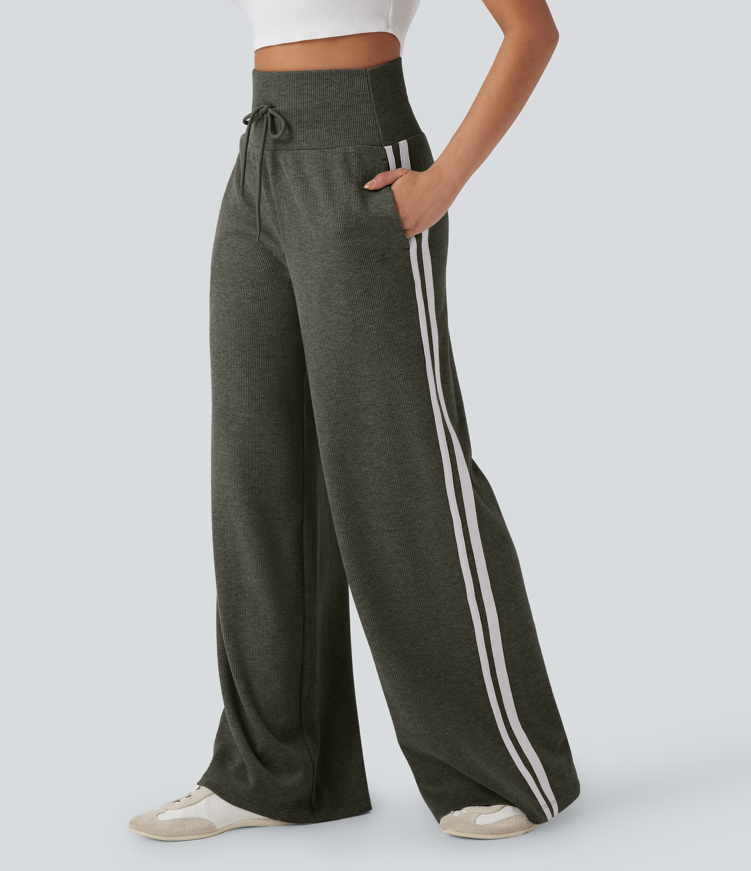 Halara Ribbed SoCinched High Waisted Tummy Control Drawstring Wide Leg Color Block Casual Pants with Pockets - Forest Night - S(petite) | HALARA