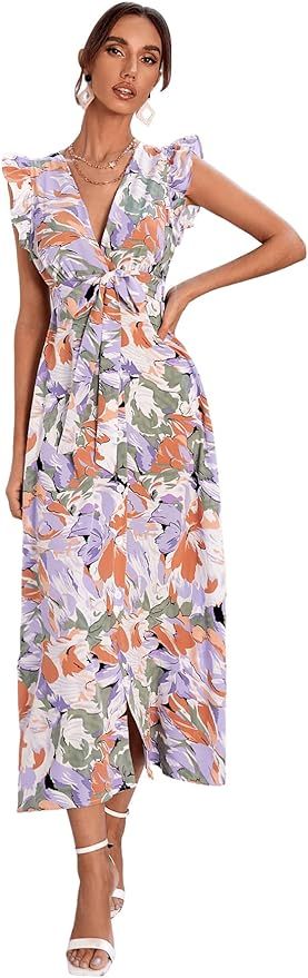 SweatyRocks Women's Boho Floral V Neck Ruffle Dress Backless Tie Front A Line Maxi Dresses | Amazon (US)