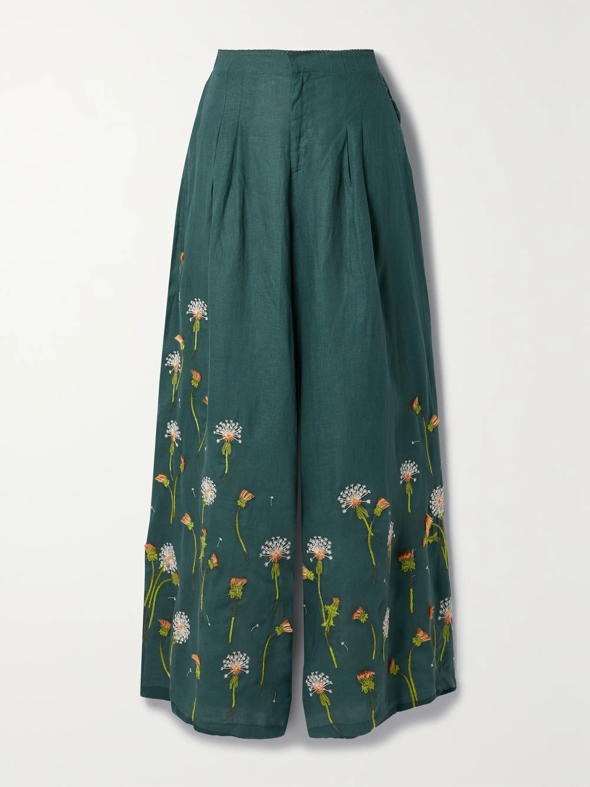 + NET SUSTAIN Piñon pleated embroidered linen wide-leg pants | NET-A-PORTER (US)