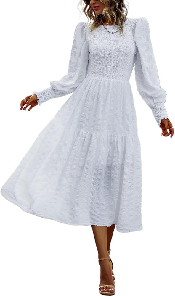 PRETTYGARDEN Women 2025 Spring Puff Long Sleeve Crewneck Smocked Maxi Dress Empire Waist Tiered A... | Amazon (US)