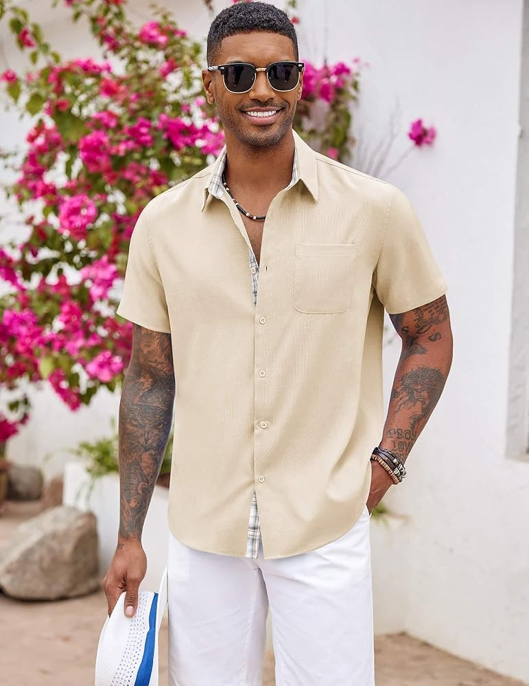 COOFANDY Men's Button Down Shirts Short Sleeve Casual Summer Beach Vacation Wedding Shirt with Po... | Amazon (US)