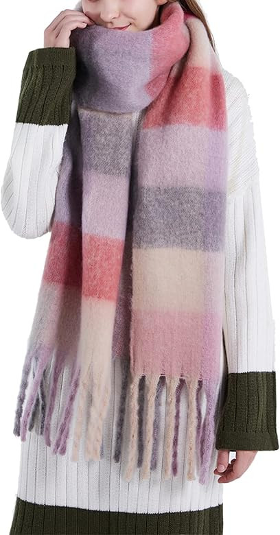 SHOHOKU Large Chunky Plaid Scarf Cashmere Coloured Checked Oversized Scarf Tassel Soft Fall Winte... | Amazon (US)