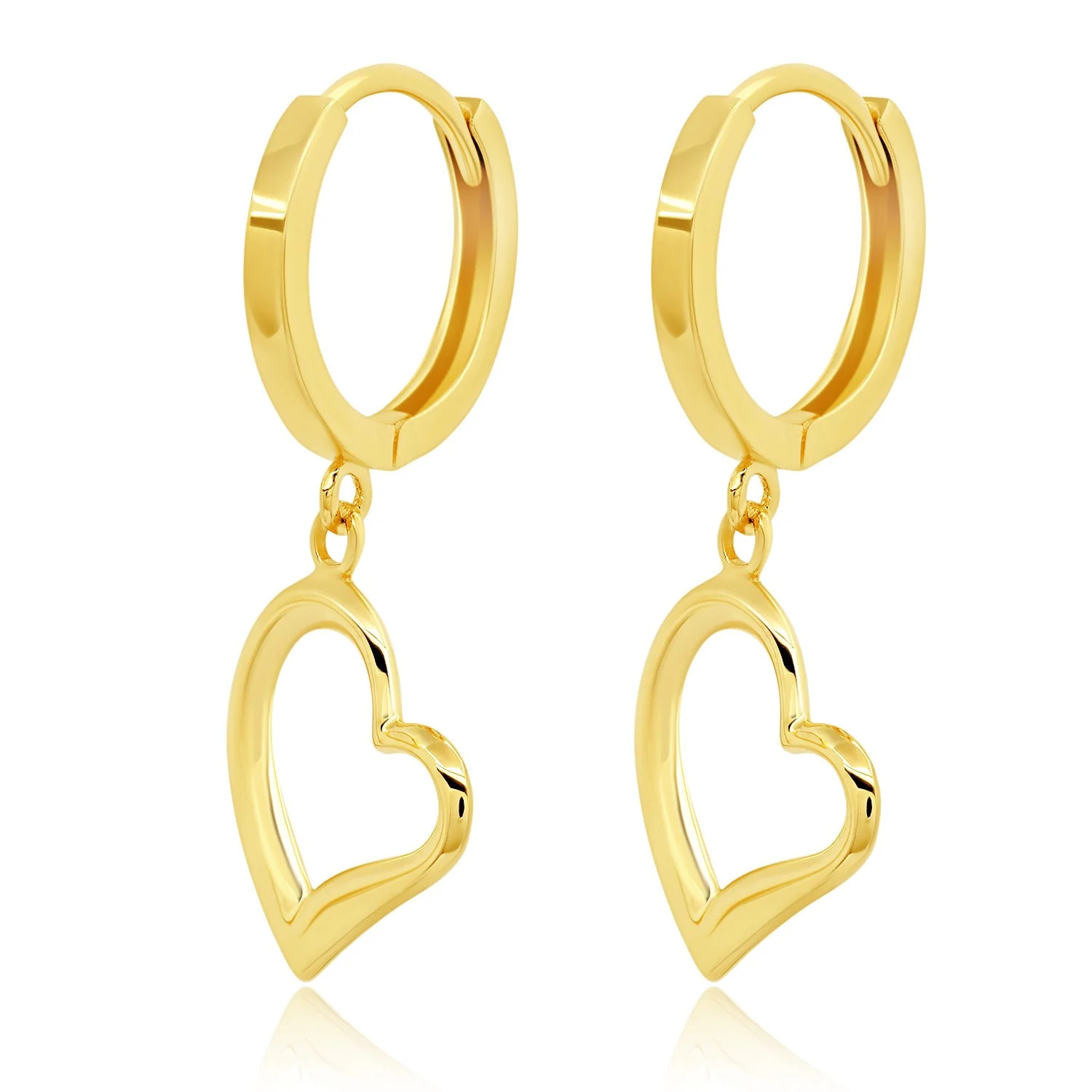 14K Yellow Gold Dangle Heart Huggie Hoop Earrings | Shop Simon
