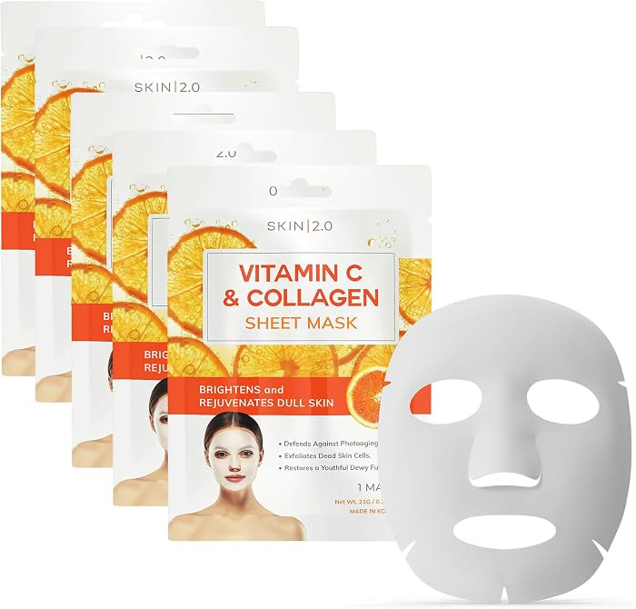 Skin 2.0 Vitamin C & Collagen Sheet Mask - Anti-Aging, Wrinkle & Age Spot Reducer, Hydrating & Mo... | Amazon (US)