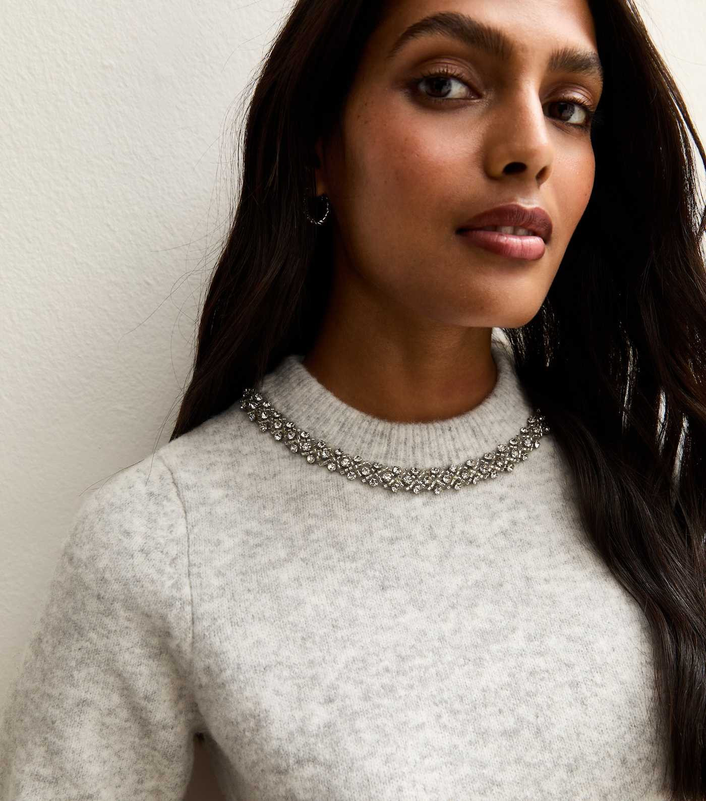 Light Grey Embellished Neck Short Sleeve Top | New Look | New Look (UK)