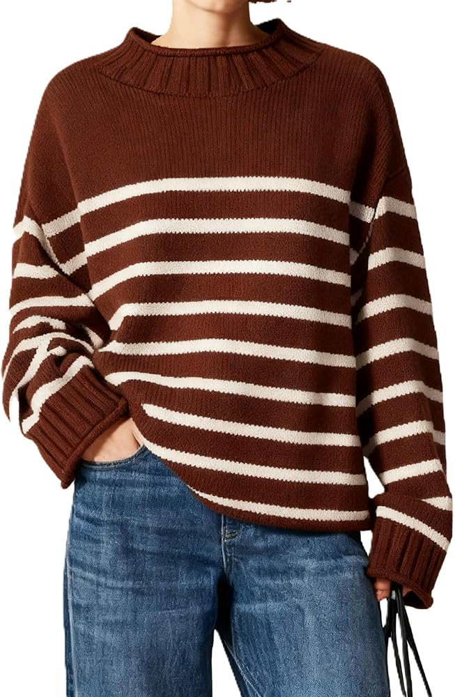 Women's Striped Oversized Sweater Roll Neck Long Sleeve Chunky Knit Top Fall Winter Casual Loose ... | Amazon (US)