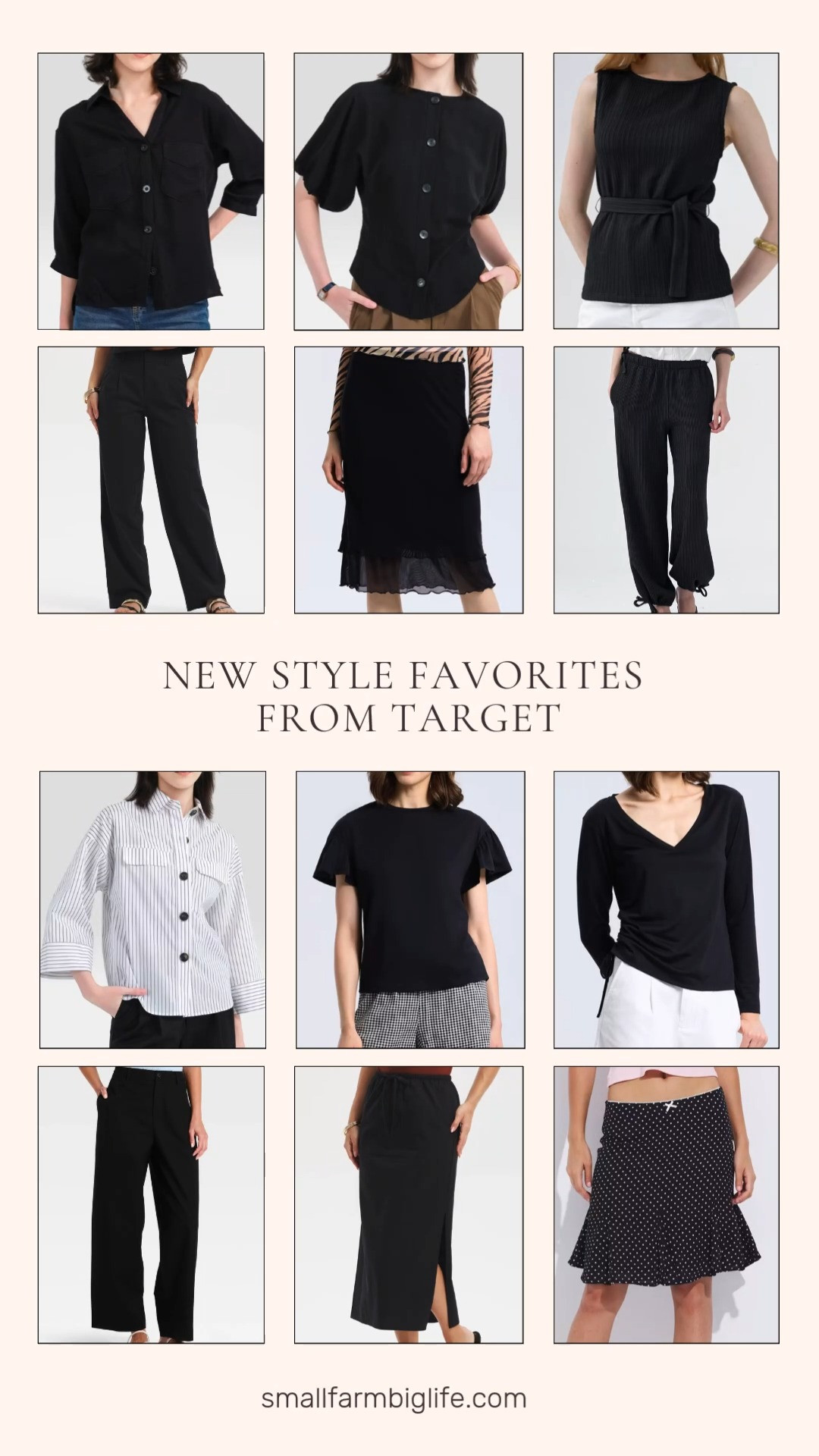 Target is going all in on black this season, and this lineup makes it easy to build a whole capsule wardrobe around it. The high rise twill barrel pants and the full wide leg trousers are both great work friendly options, while the balloon pull on pants bring a more relaxed, comfortable silhouette for travel or errands.

For tops, the collared button down shirt and the puff short sleeve buttoned blouse both work well for the office, while the tie detail tank top and the flutter short sleeve crewneck jersey top are easy everyday layering pieces. The v-neck adjustable side tie jersey top adds a little more polish if you want to dress things up.

Skirts are a standout here too. The contrast mesh column midi skirt brings texture and interest, the bow detail flare skirt in black polka dots is fun and a little playful, and the drawstring twill midi skirt is an easy, versatile basic. If you want a print in the mix, the white striped collared utility shirt is a great way to break up an all black outfit without straying from the fall color story.

#target #targetstyle #falloutfits #fallfashion #targetfinds 

 #LTKootd #LTKOver40 #LTKWorkwear