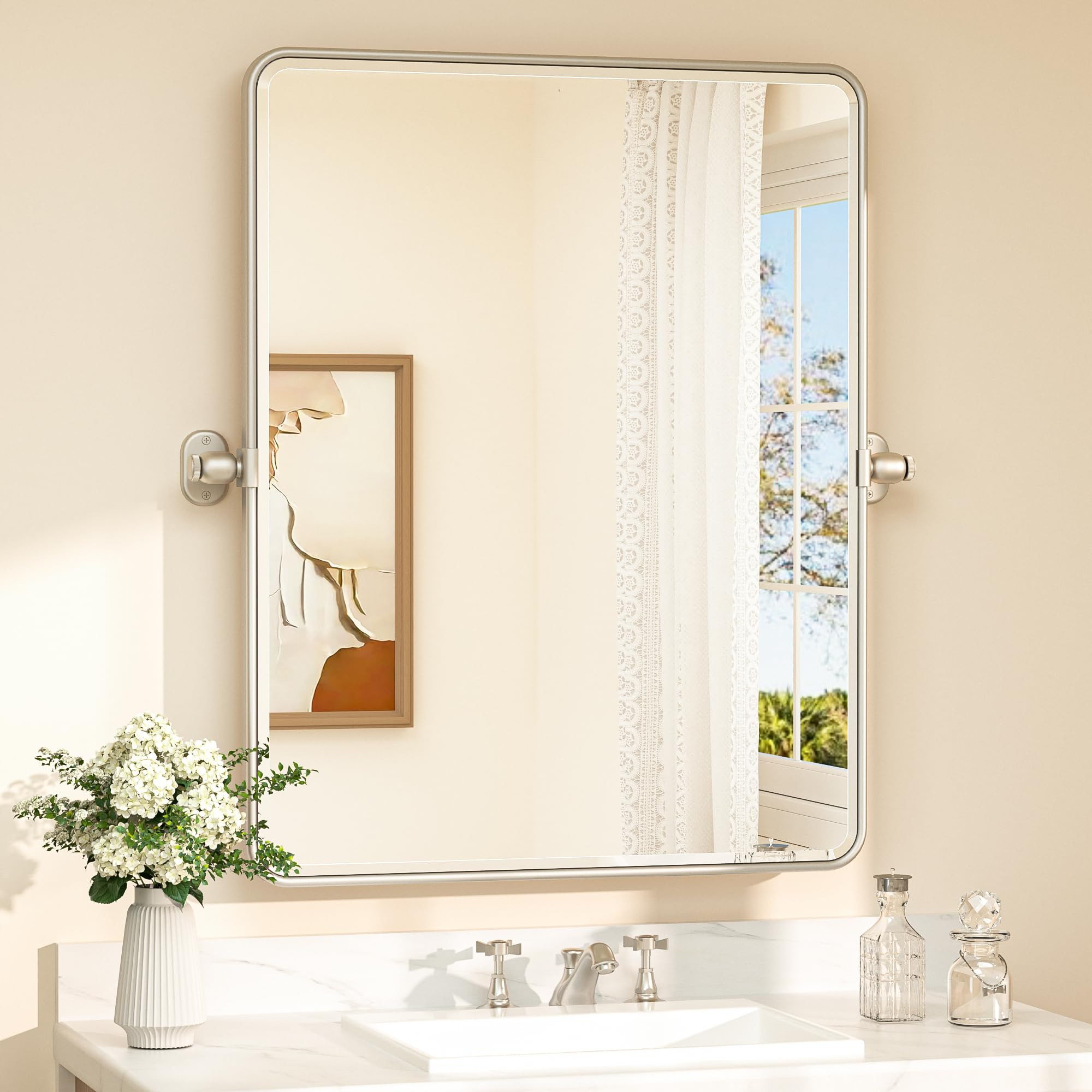 TETOTE Pivot Bathroom Mirror Satin Nickel 24 x 30 Silver Tilting Beveled Rectangle Metal Framed M... | Amazon (US)