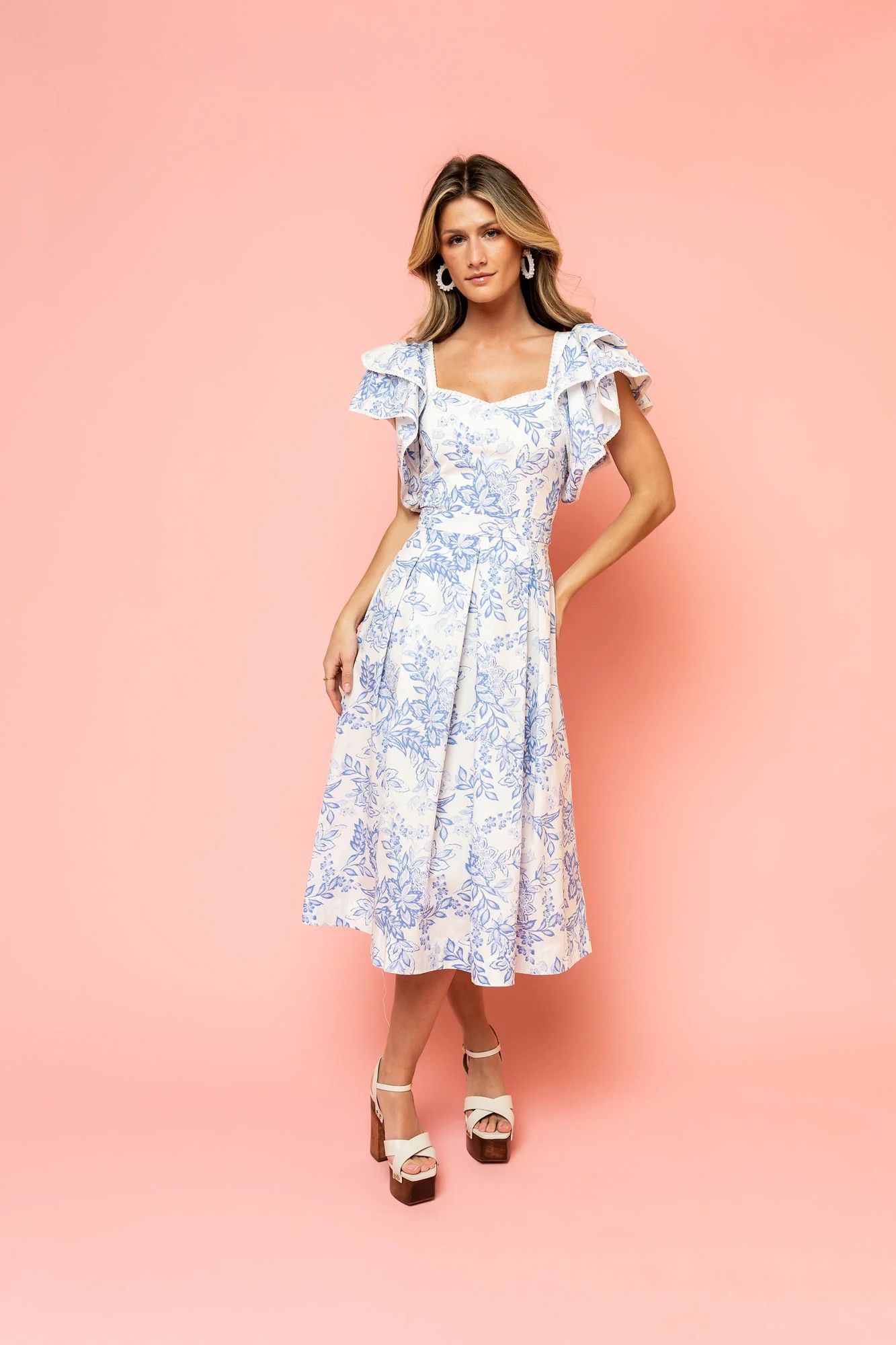 Ruffle Sleeve Midi Dress - Blue Floral | Rachel Parcell
