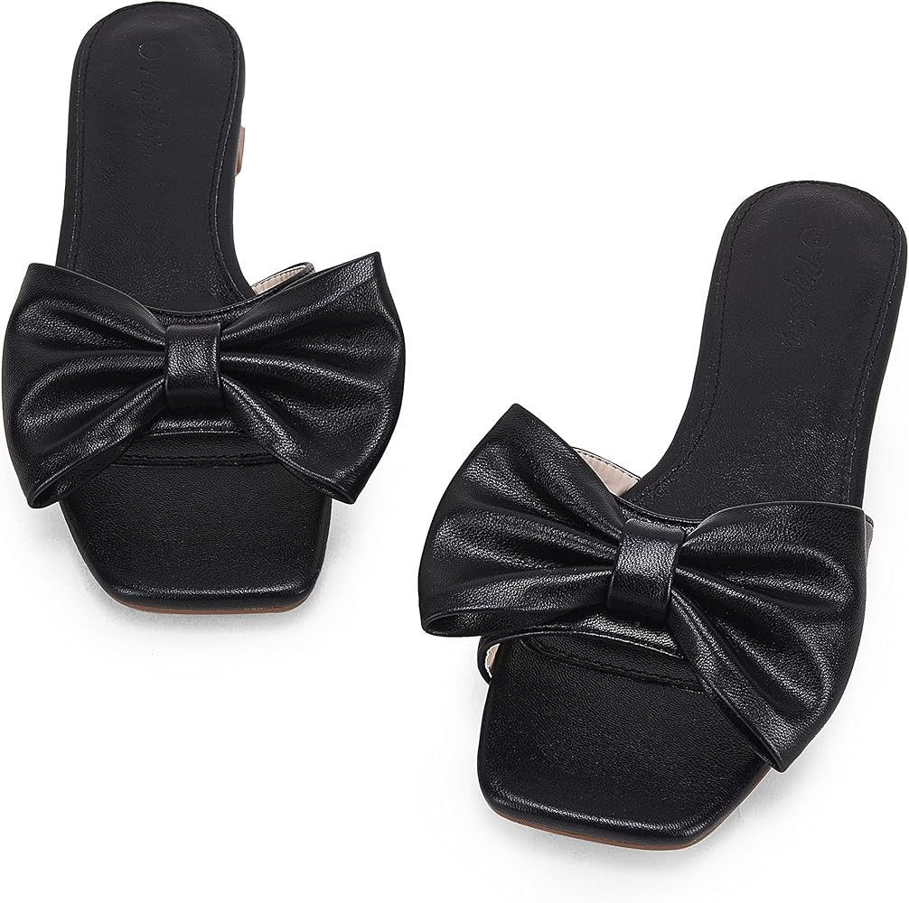 Womens Slip On Slide Sandals Bow-Knot Open Square Toe Flat Slippers Soft Casual Summer Dress Shoes | Amazon (US)