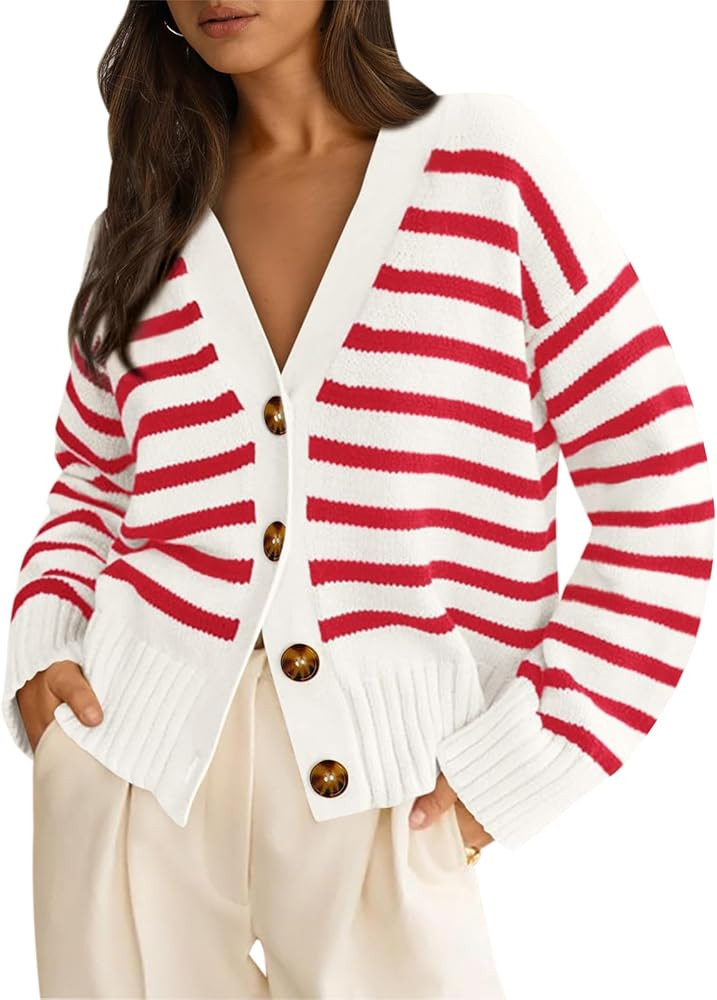 PRETTYGARDEN Women's Long Sleeve Striped Open Front Cardigan Sweaters Button Down Knit Lady Jacke... | Amazon (US)