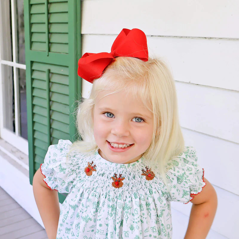 Reindeer Cheer Smocked Green Toile Bishop Dress | Classic Whimsy