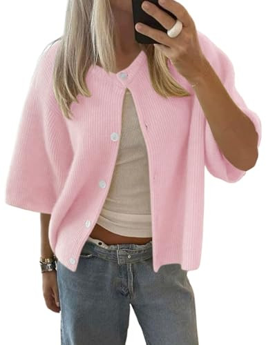 Cioatin Women Yellow Short Sleeve Button Down Crop Cardigan Sweater Y2K Oversized Aesthetic Knit Shirt Tops Preppy Girls | Amazon (US)