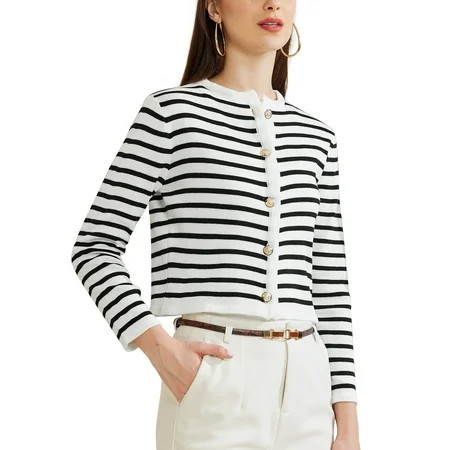 INSPIRE CHIC Knit Cardigans for Women Button Down Round Stripes Neck Striped Cardigan Sweaters | Walmart (US)