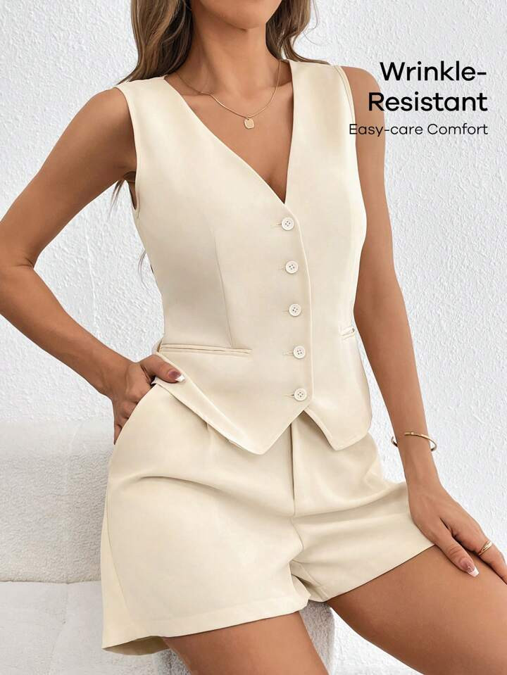 SHEIN Essnce Women Pants Suit,Women's Vest And Shorts Set,Summer Two Pieces Outfits,Casual Women's Solid Color Simple Daily 2-Piece Outfit | SHEIN