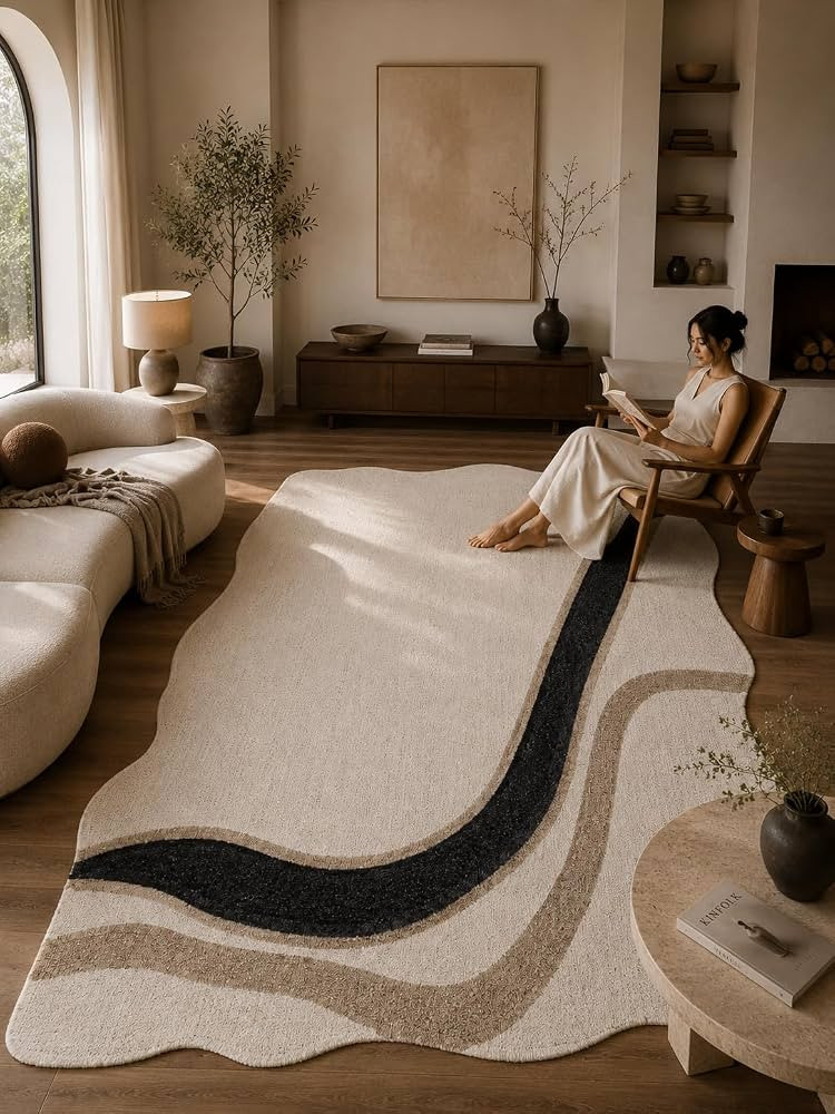 Hand Tufted Abstract Curve Wool Shaped Area Rug, Beige Brown, 5x7 | Amazon (US)