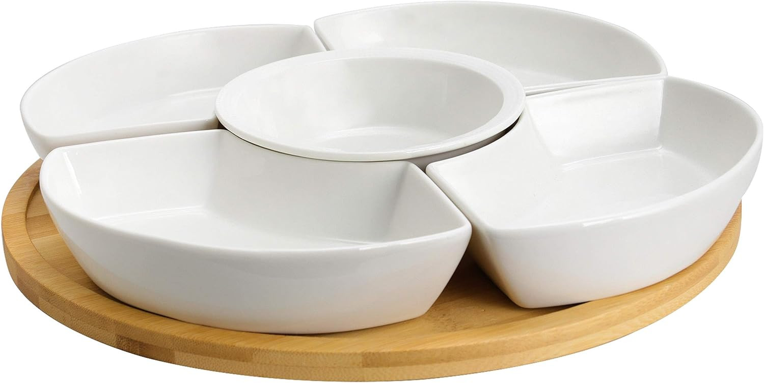 Elama Ceramic Stoneware Condiment Appetizer Set, 6 Piece, Compartment Round in White and Natural ... | Amazon (US)