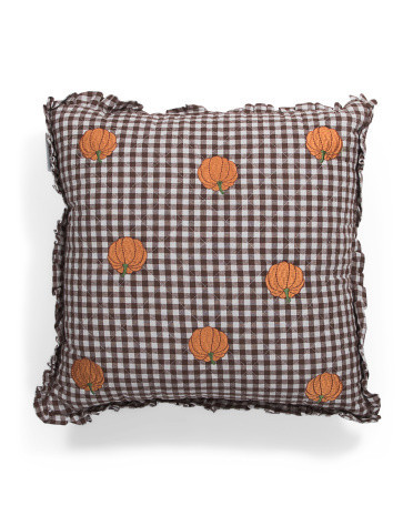 16x16 Pumpkin Gingham Ruffle Embroidery Pillow | TJ Maxx