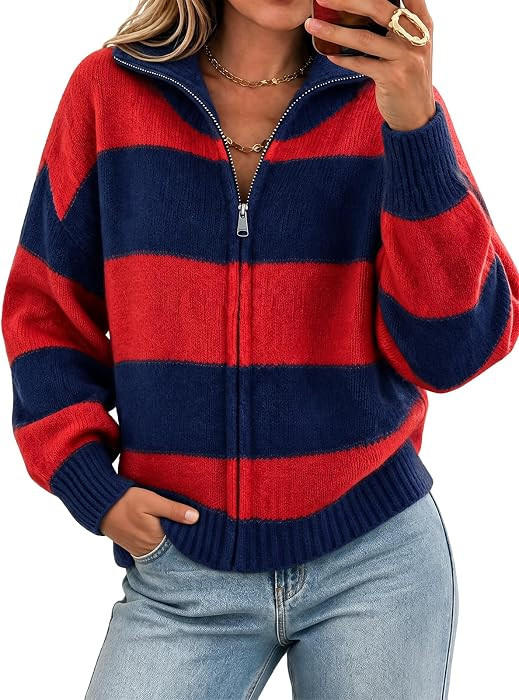 Cicy Bell Women Striped Color Block Cardigan Zip Long Sleeve Knit Sweater | Amazon (US)