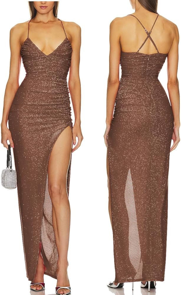 Capuffy Women's Spaghetti Straps Sexy Glitter V-Neck Maxi Dress 2024 Thigh-High Slit Ruched Bodyc... | Amazon (US)