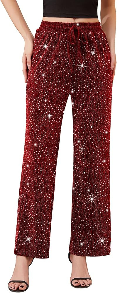PEIQI Women High Elastic Waist Wide Leg Palazzo Pants Bling Glitter Casual Loose Long Sparkle Pan... | Amazon (US)