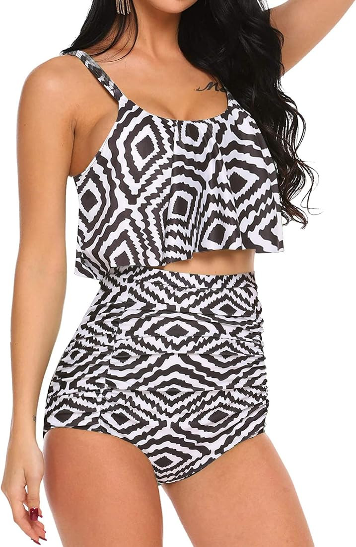 ADOME Women Bikini Set Tummy Control Swimsuit Two Piece High Waist Floral Swimwear Plus Size | Amazon (US)