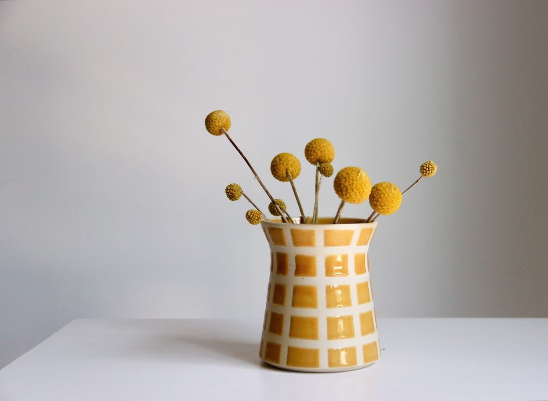 Handmade Ceramic Vase Checkered Vase Retro Modern Yellow - Etsy | Etsy (US)