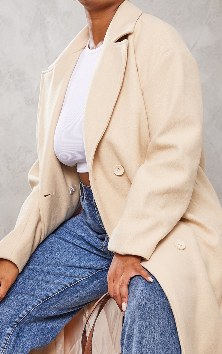 Plus Sand Oversized Wool Look Double Breasted Coat | PrettyLittleThing UK
