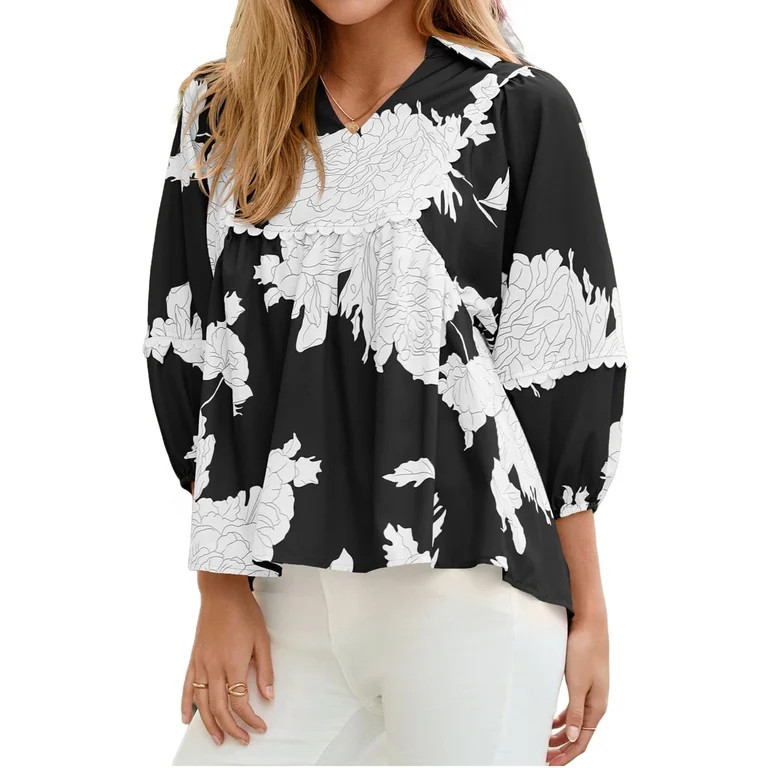 Floral Print Women Casual Loose Peplum V-neck Flowy Blouse Tops | Walmart (US)