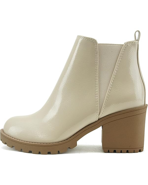 Soda ORIGAMI ~ WOMEN LUG SOLE MID HEEL FASHION ANKLE BOOTIE W/DOUBLE ELASTIC GORE | Amazon (US)