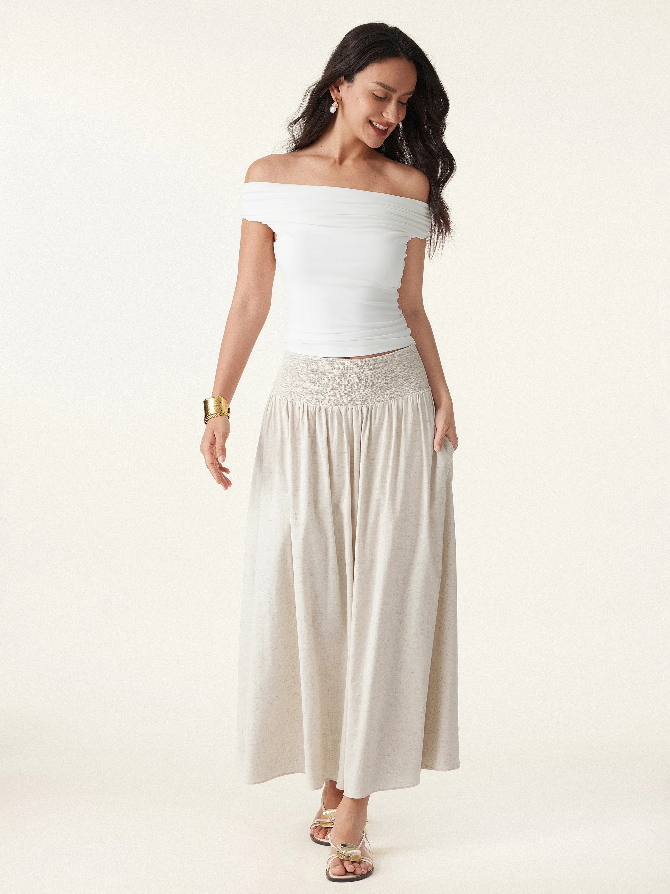 European Linen Smocked Waist Skirt with Pockets | OGLmove